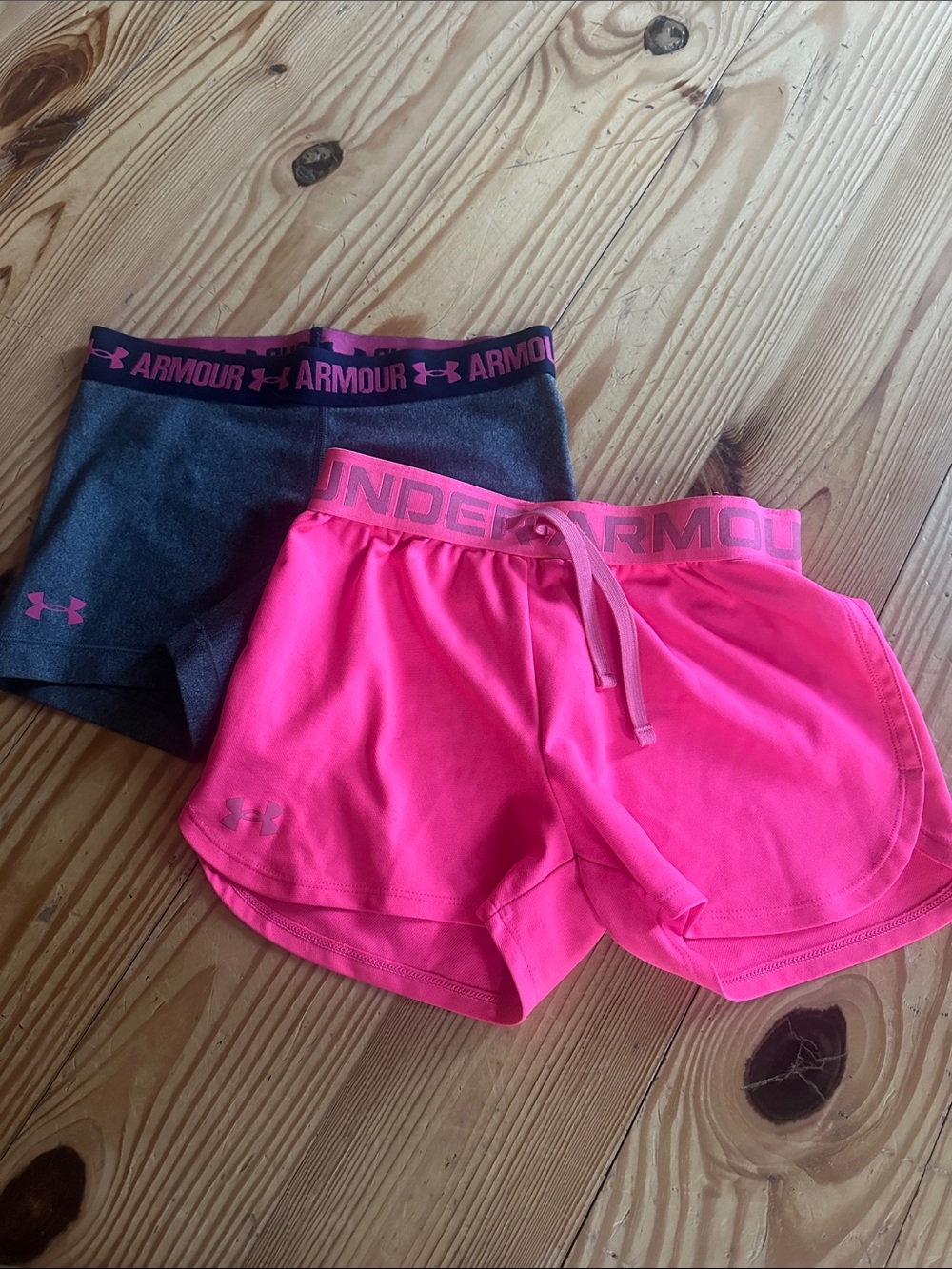 Under Armour Giels Hot Pink & Charcoal Athletic Shorts group of two